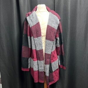 New Directions Plaid Cardigan in Burgundy and Black